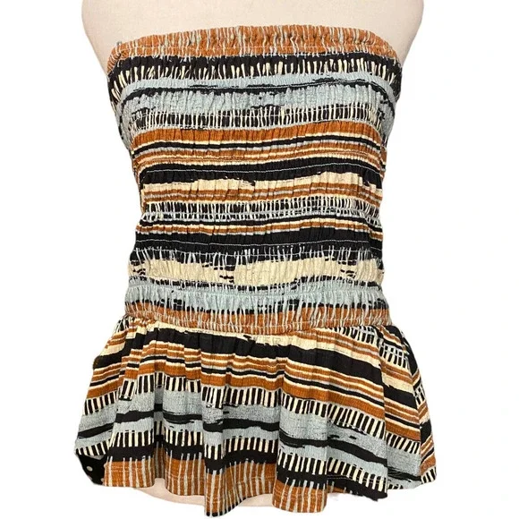 Anthropologie Porridge Women Smocked Peplum Med Tube Top Bohemian Black Blue M - Picture 3 of 11